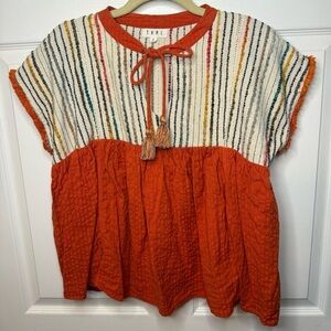 THML Women's Orange and Cream Top with Chindi Jute Detail Boho Style Size Small